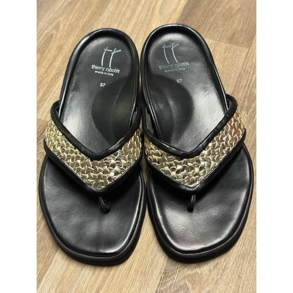 Thierry Rabotin Womens Black Woven Gold Leather Wedge Thong Sandals Italy 37 - Picture 5 of 9